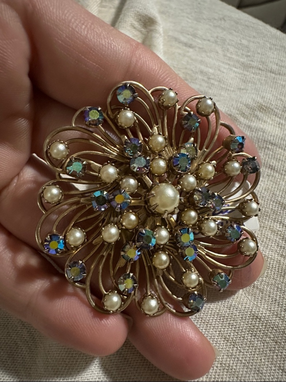 Gold-Tone Pearl & Aurora Borealis Crystal Floral Brooch